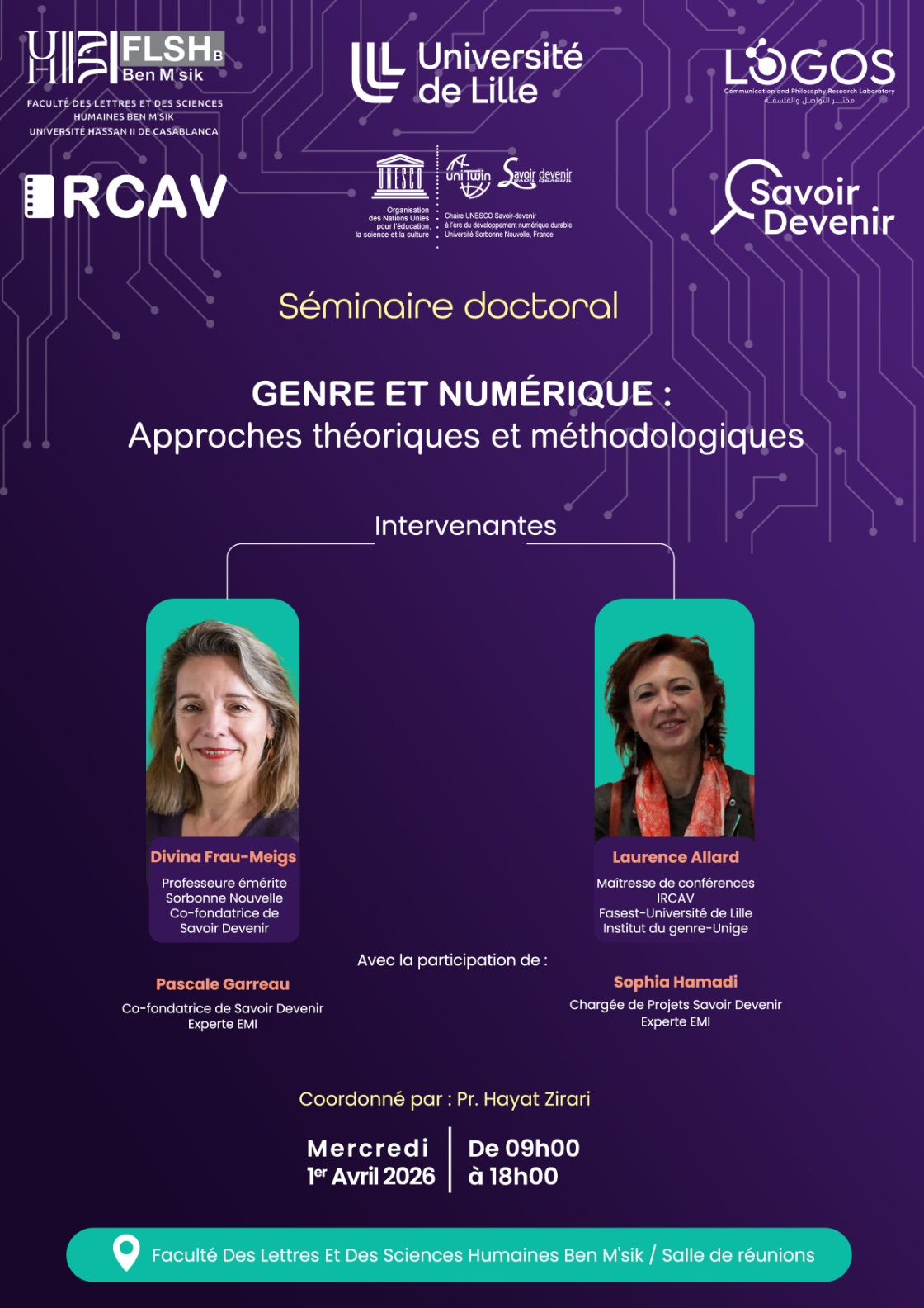 Affiche du séminaire doctoral « Genre et numérique » du 1er avril 2026 à Casablanca.