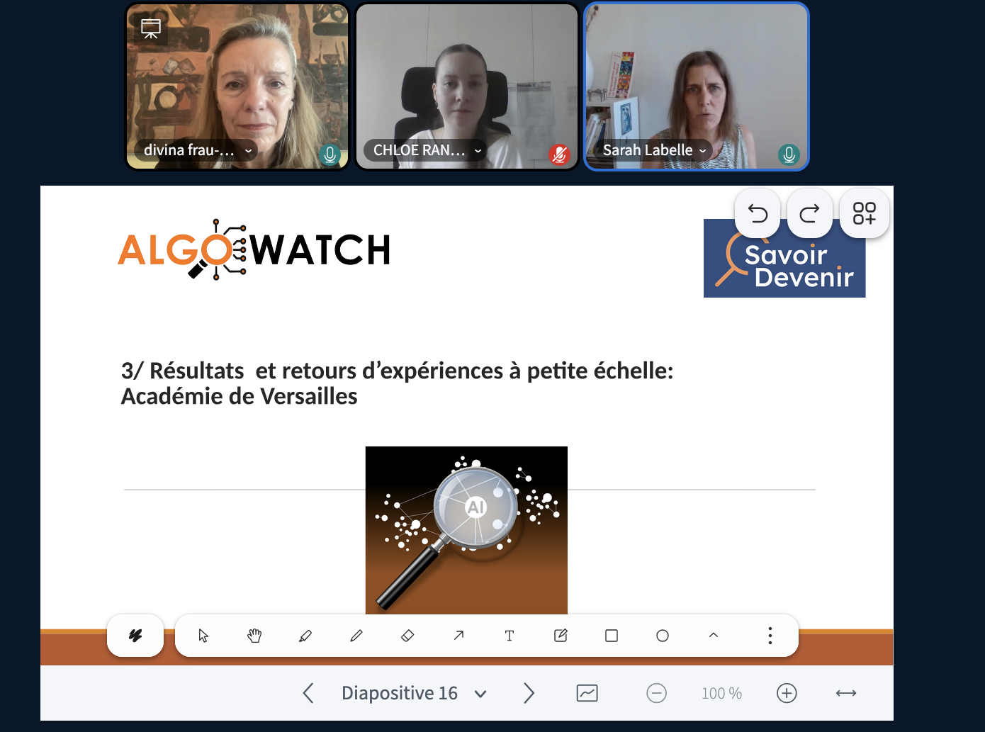 Capture d’une visioconférence présentant les résultats du projet ALGOWATCH.
