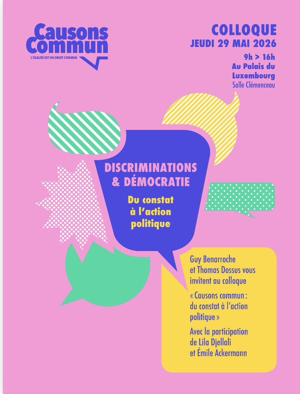 Affiche du colloque « Discriminations et démocratie » au Palais du Luxembourg.